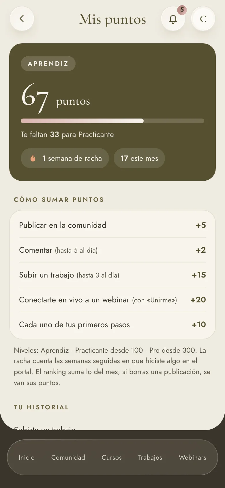 La página de puntos y nivel de una alumna en el portal